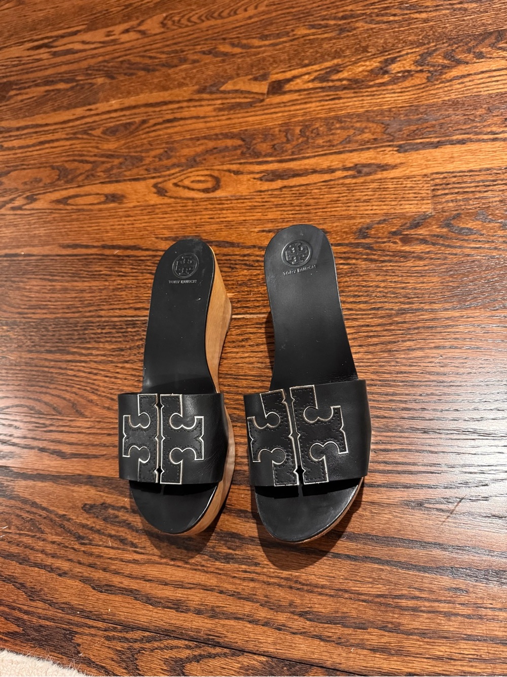 Tory Burch Black Leather Logo Slide Wedge Mules